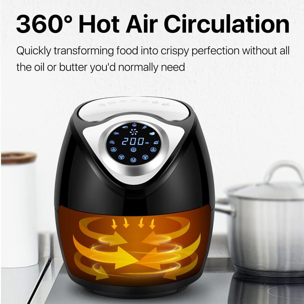 Flexzion Electric Air Fryer Cooker 1400W, 4.8 Quart (Black) Large Capacity Oil less Low Fat Healthy Diet Hot Air Oven with Adjustable Temperature Time Control, Detachable Fry Basket