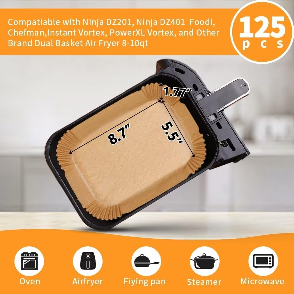 Air Fryer Liners Disposable for Ninja Airfryer: 125pcs 8.7x5.5 Rectangle Parchment Paper for Air Fryer Dual Basket Ninja DZ201 DZ401 Foodi 8Qt and Above Air Fryer liner Accessories