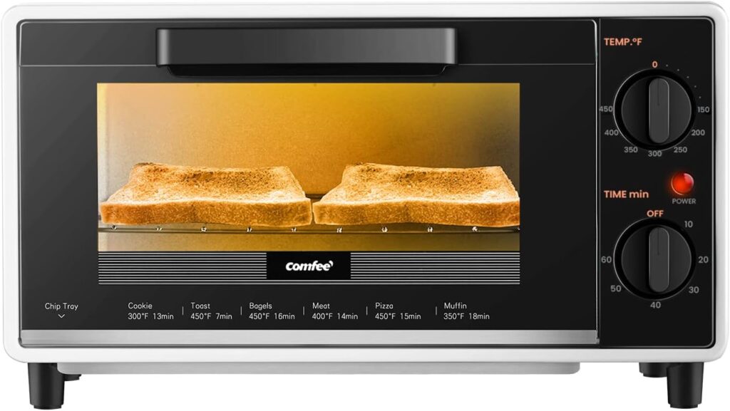 COMFEE Mini 2-Slice Toaster Oven, Countertop toaster oven, 2-Knobs Easy to Control with Timer for Bake, Broil, Toast, 1000W, Black/White (CO-B08AA(BK)) COMFEE Mini 2-Slice Toaster Oven, Countertop toaster oven, 2-Knobs Easy to Control with Timer for Bake, Broil, Toast, 1000W, Black/White (CO-B08AA(BK))