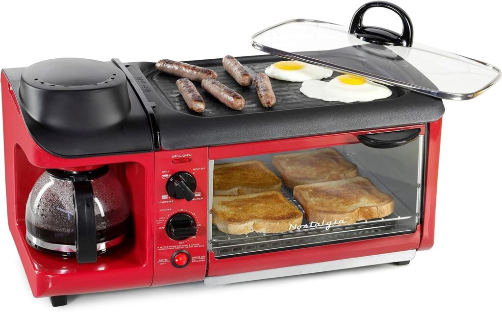 Nostalgia 3-in-1 Breakfast Station - Includes Coffee Maker, Non-Stick Griddle, and 4-Slice Toaster Oven - Versatile Breakfast Maker with Timer - Red Nostalgia 3-in-1 Breakfast Station - Includes Coffee Maker, Non-Stick Griddle, and 4-Slice Toaster Oven - Versatile Breakfast Maker with Timer - Red