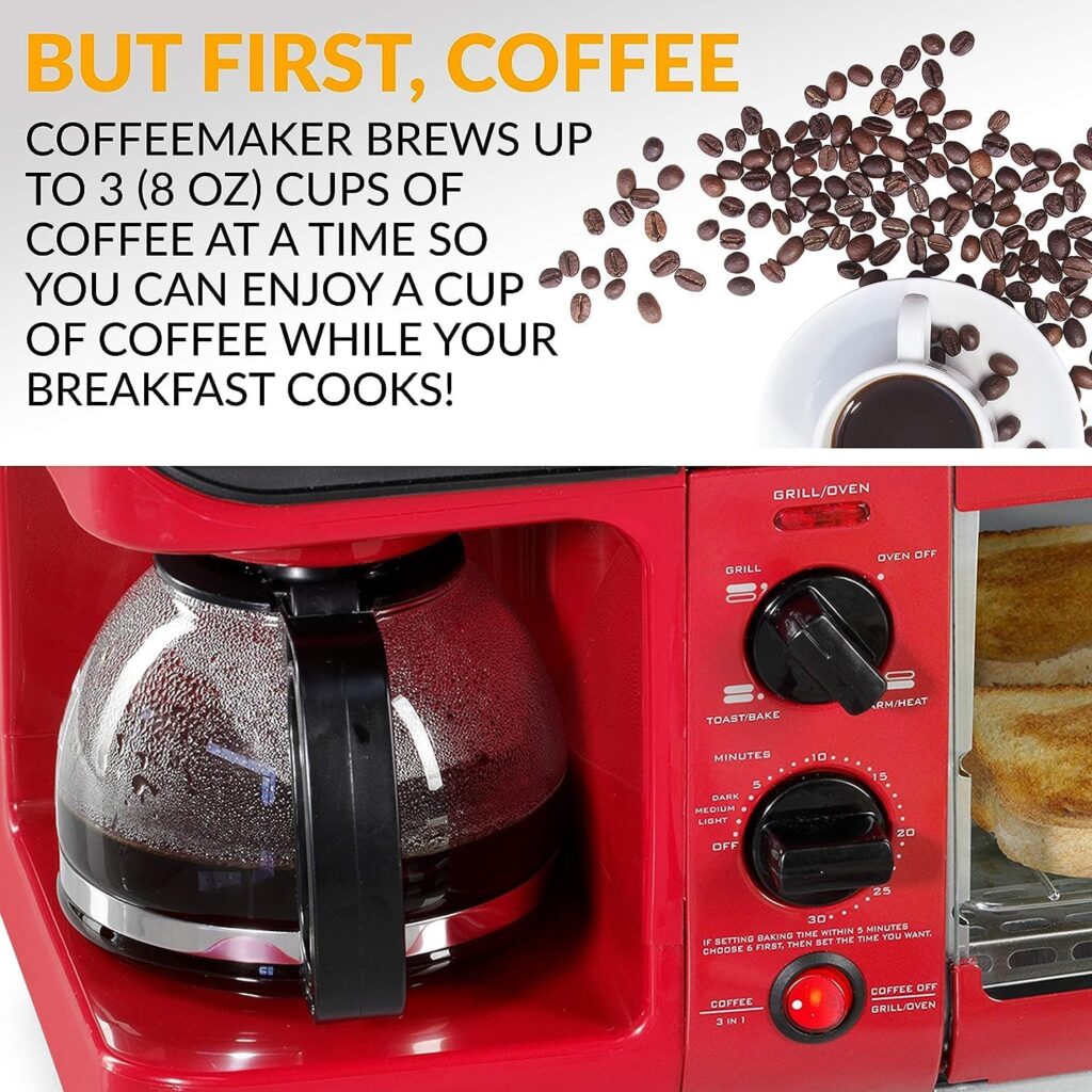 Nostalgia 3-in-1 Breakfast Station - Includes Coffee Maker, Non-Stick Griddle, and 4-Slice Toaster Oven - Versatile Breakfast Maker with Timer - Red Nostalgia 3-in-1 Breakfast Station - Includes Coffee Maker, Non-Stick Griddle, and 4-Slice Toaster Oven - Versatile Breakfast Maker with Timer - Red