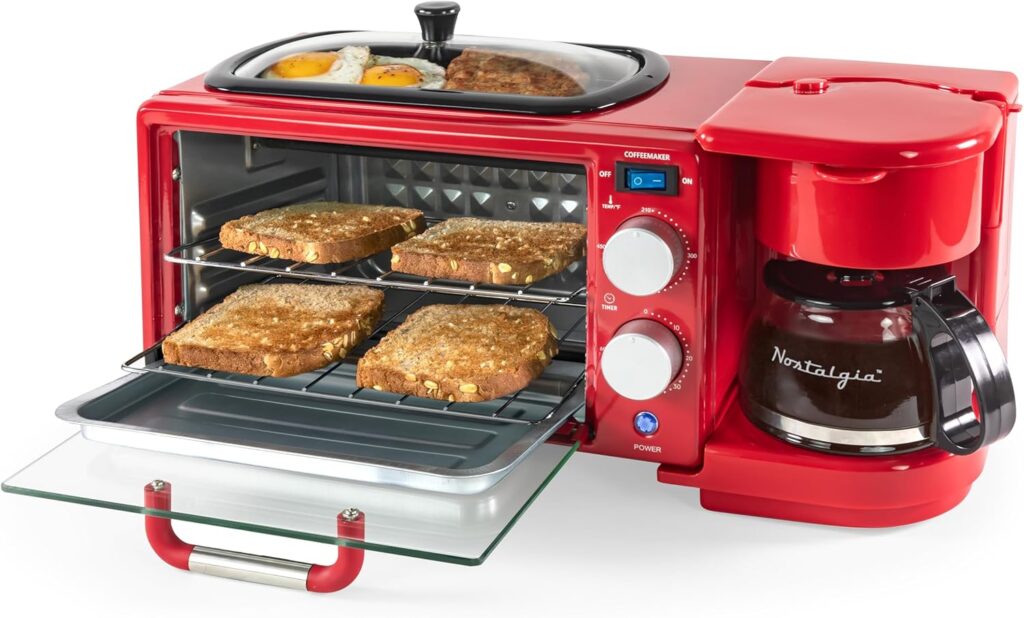Nostalgia 3-in-1 Breakfast Station - Includes Coffee Maker, Non-Stick Griddle, and 4-Slice Toaster Oven - Versatile Breakfast Maker with Timer - Red Nostalgia 3-in-1 Breakfast Station - Includes Coffee Maker, Non-Stick Griddle, and 4-Slice Toaster Oven - Versatile Breakfast Maker with Timer - Red
