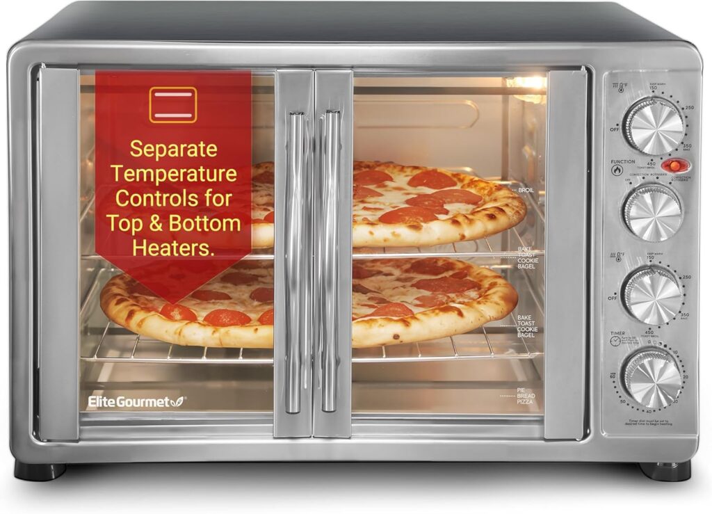 Elite Gourmet ETO-4510M French Door 47.5Qt, 18-Slice Convection Oven 4-Control Knobs, Bake Broil Toast Rotisserie Keep Warm, Includes 2 x 12 Pizza Racks, Stainless Steel Elite Gourmet ETO-4510M French Door 47.5Qt, 18-Slice Convection Oven 4-Control Knobs, Bake Broil Toast Rotisserie Keep Warm, Includes 2 x 12 Pizza Racks, Stainless Steel