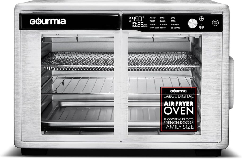 Gourmia French Door Air Fryer Oven - 37 Qt Large Capacity Convection Toaster Oven, FryForce 360°, Digital Display, 12 Cooking Presets, Dehydrate, Fits 13” Pizza, Dishwasher-Safe, Stainless Steel Gourmia French Door Air Fryer Oven - 37 Qt Large Capacity Convection Toaster Oven, FryForce 360°, Digital Display, 12 Cooking Presets, Dehydrate, Fits 13” Pizza, Dishwasher-Safe, Stainless Steel