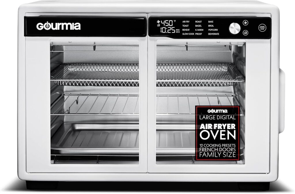 Gourmia French Door Air Fryer Oven - 37 Qt Large Capacity Convection Toaster Oven, FryForce 360°, Digital Display, 12 Cooking Presets, Dehydrate, Fits 13” Pizza, Dishwasher-Safe, Stainless Steel Gourmia French Door Air Fryer Oven - 37 Qt Large Capacity Convection Toaster Oven, FryForce 360°, Digital Display, 12 Cooking Presets, Dehydrate, Fits 13” Pizza, Dishwasher-Safe, Stainless Steel