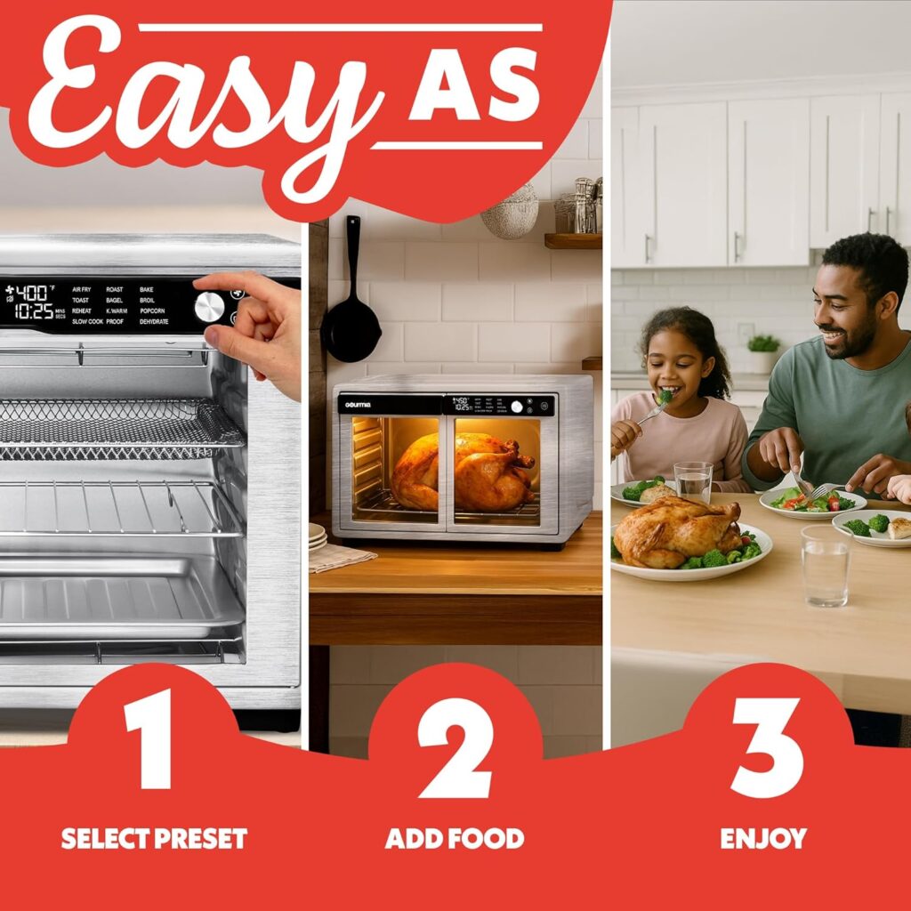 Gourmia French Door Air Fryer Oven - 37 Qt Large Capacity Convection Toaster Oven, FryForce 360°, Digital Display, 12 Cooking Presets, Dehydrate, Fits 13” Pizza, Dishwasher-Safe, Stainless Steel Gourmia French Door Air Fryer Oven - 37 Qt Large Capacity Convection Toaster Oven, FryForce 360°, Digital Display, 12 Cooking Presets, Dehydrate, Fits 13” Pizza, Dishwasher-Safe, Stainless Steel