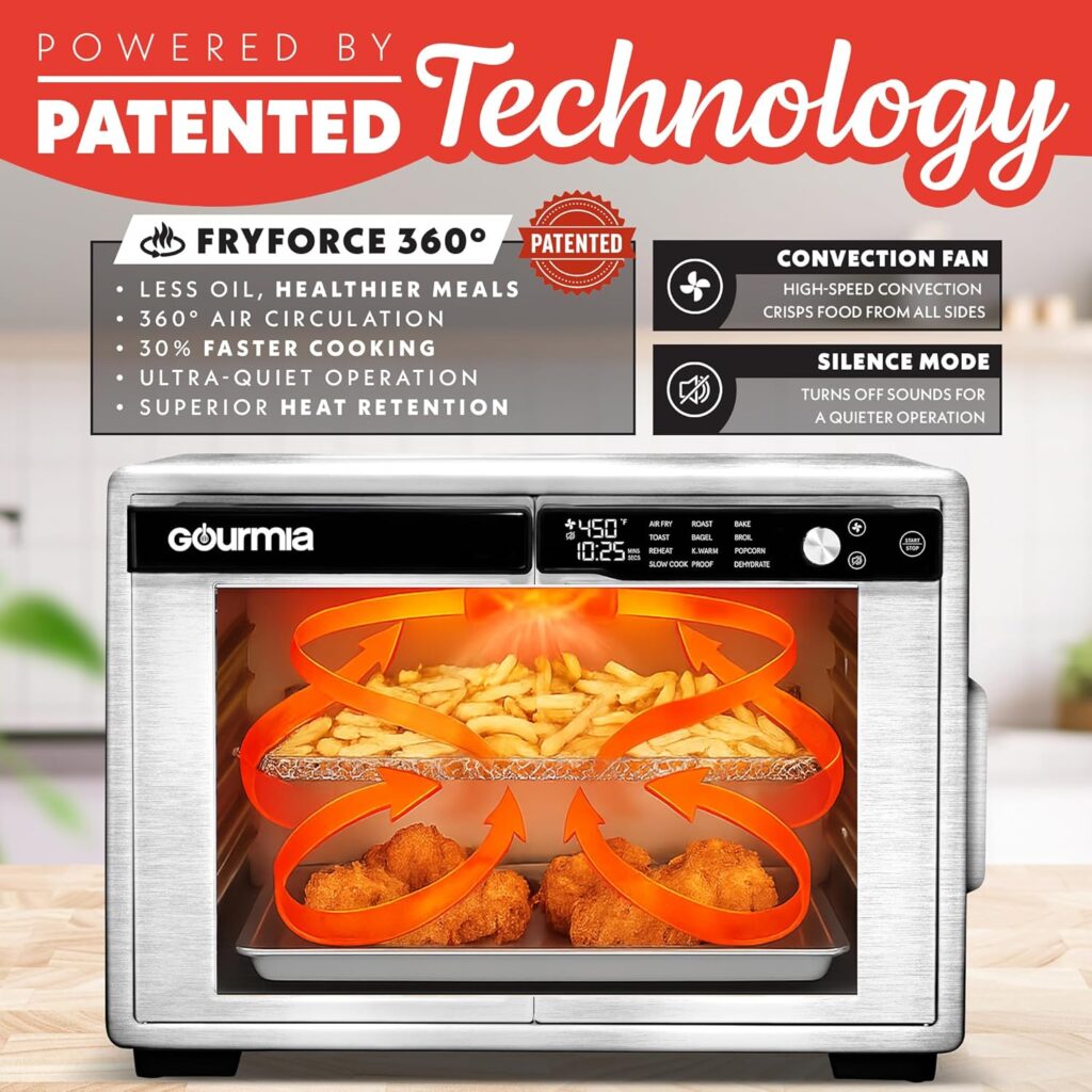 Gourmia French Door Air Fryer Oven - 37 Qt Large Capacity Convection Toaster Oven, FryForce 360°, Digital Display, 12 Cooking Presets, Dehydrate, Fits 13” Pizza, Dishwasher-Safe, Stainless Steel Gourmia French Door Air Fryer Oven - 37 Qt Large Capacity Convection Toaster Oven, FryForce 360°, Digital Display, 12 Cooking Presets, Dehydrate, Fits 13” Pizza, Dishwasher-Safe, Stainless Steel