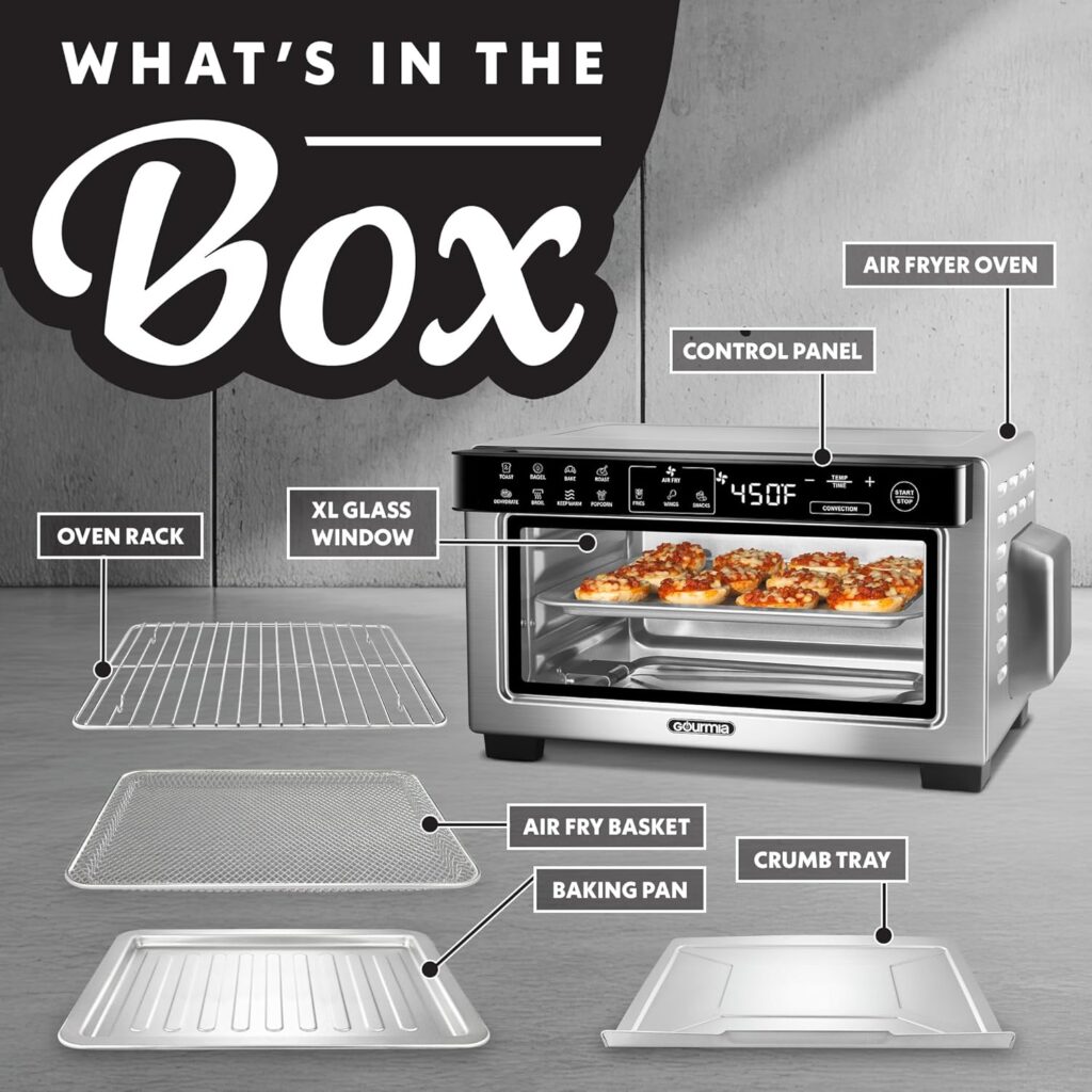 Gourmia Toaster Oven Digital Air Fryer - Convection Mode with 4 Slice Capacity, 3 Rack Positions, 12 Presets, Toast, Bagel, Bake, Roast, Broil, Dehydrate, Popcorn, Fits 9 Pizza, Stainless Steel Gourmia Toaster Oven Digital Air Fryer - Convection Mode with 4 Slice Capacity, 3 Rack Positions, 12 Presets, Toast, Bagel, Bake, Roast, Broil, Dehydrate, Popcorn, Fits 9 Pizza, Stainless Steel