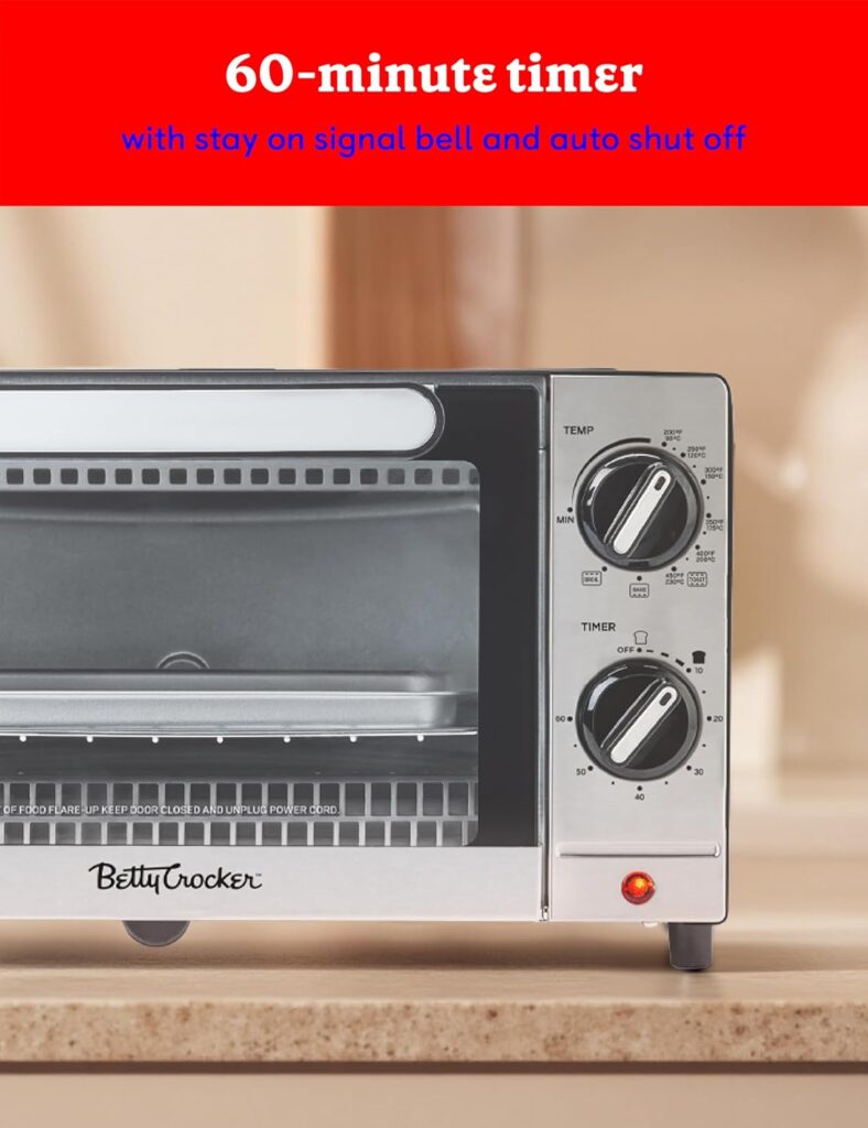 Betty Crocker 9L Toaster Oven, 2-Slice Toaster with Chrome Plated Front, Stainless Steel Handle, Bake, Broil Toast Functions, Easy Control Dials, Includes Baking Pan Rack, BC-5665B, Black/Silver Betty Crocker 9L Toaster Oven, 2-Slice Toaster with Chrome Plated Front, Stainless Steel Handle, Bake, Broil Toast Functions, Easy Control Dials, Includes Baking Pan Rack, BC-5665B, Black/Silver