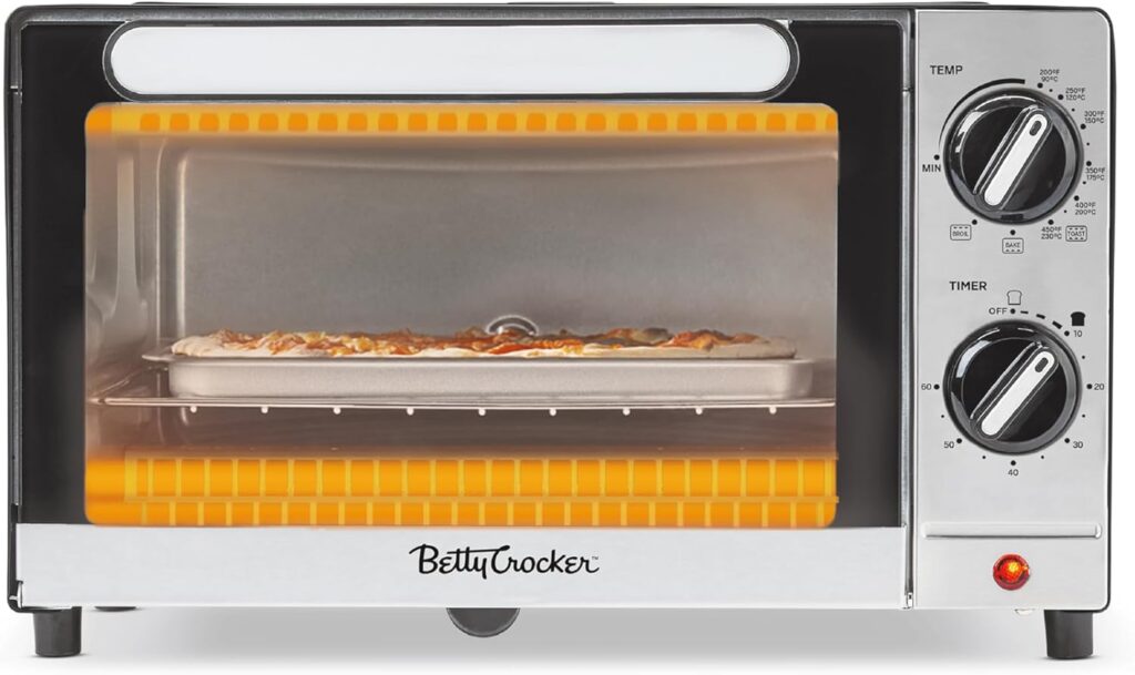Betty Crocker 9L Toaster Oven, 2-Slice Toaster with Chrome Plated Front, Stainless Steel Handle, Bake, Broil Toast Functions, Easy Control Dials, Includes Baking Pan Rack, BC-5665B, Black/Silver Betty Crocker 9L Toaster Oven, 2-Slice Toaster with Chrome Plated Front, Stainless Steel Handle, Bake, Broil Toast Functions, Easy Control Dials, Includes Baking Pan Rack, BC-5665B, Black/Silver