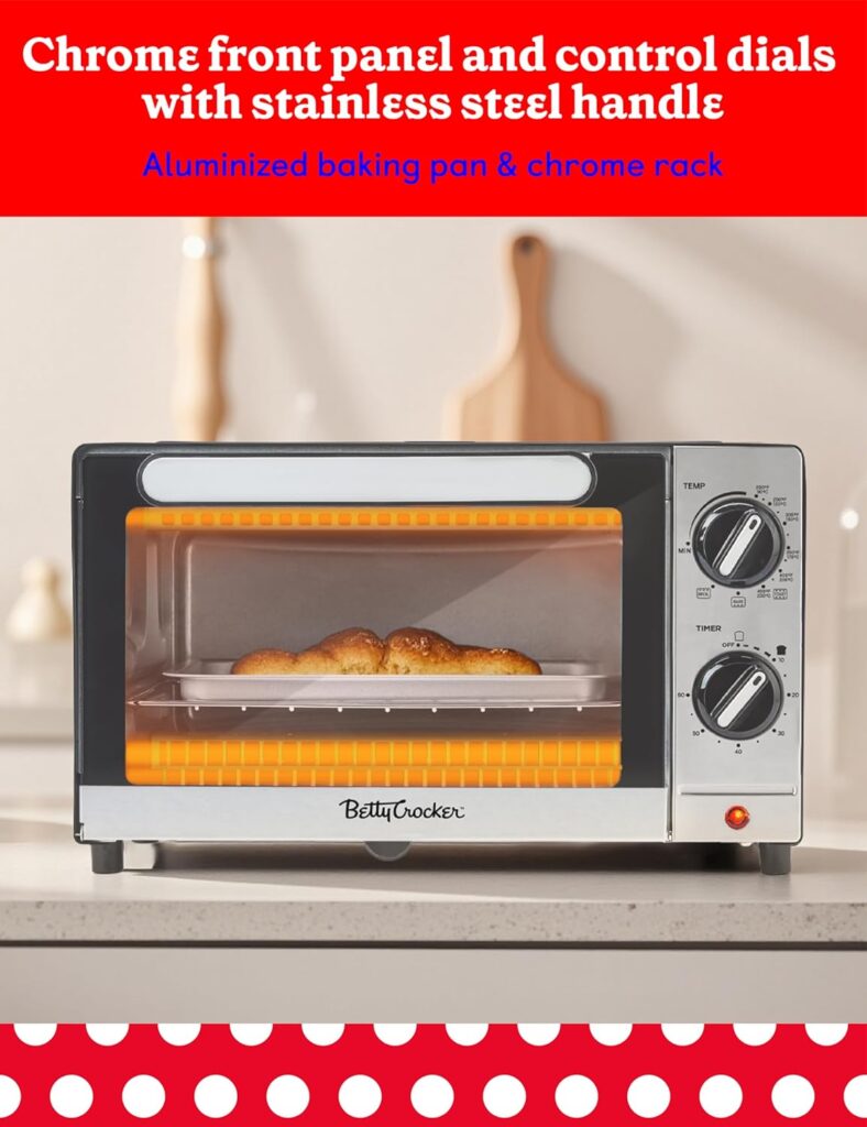 Betty Crocker 9L Toaster Oven, 2-Slice Toaster with Chrome Plated Front, Stainless Steel Handle, Bake, Broil Toast Functions, Easy Control Dials, Includes Baking Pan Rack, BC-5665B, Black/Silver Betty Crocker 9L Toaster Oven, 2-Slice Toaster with Chrome Plated Front, Stainless Steel Handle, Bake, Broil Toast Functions, Easy Control Dials, Includes Baking Pan Rack, BC-5665B, Black/Silver