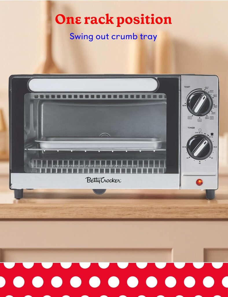 Betty Crocker 9L Toaster Oven, 2-Slice Toaster with Chrome Plated Front, Stainless Steel Handle, Bake, Broil Toast Functions, Easy Control Dials, Includes Baking Pan Rack, BC-5665B, Black/Silver Betty Crocker 9L Toaster Oven, 2-Slice Toaster with Chrome Plated Front, Stainless Steel Handle, Bake, Broil Toast Functions, Easy Control Dials, Includes Baking Pan Rack, BC-5665B, Black/Silver