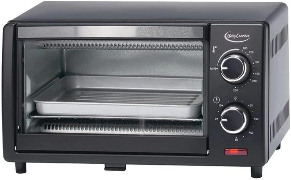 Betty Crocker 9L Toaster Oven, 2-Slice Toaster with Chrome Plated Front, Stainless Steel Handle, Bake, Broil Toast Functions, Easy Control Dials, Includes Baking Pan Rack, BC-5665B, Black/Silver Betty Crocker 9L Toaster Oven, 2-Slice Toaster with Chrome Plated Front, Stainless Steel Handle, Bake, Broil Toast Functions, Easy Control Dials, Includes Baking Pan Rack, BC-5665B, Black/Silver