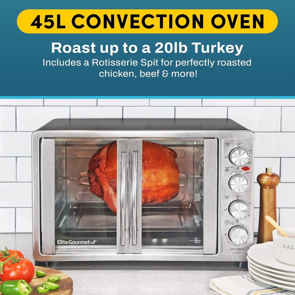 Elite Gourmet ETO4510MX French Door 47.5Qt, 18-Slice Convection Oven 4-Control Knobs, Bake Broil Toast Rotisserie Keep Warm, Includes x Pizza Racks, Stainless Steel Elite Gourmet ETO4510MX French Door 47.5Qt, 18-Slice Convection Oven 4-Control Knobs, Bake Broil Toast Rotisserie Keep Warm, Includes x Pizza Racks, Stainless Steel