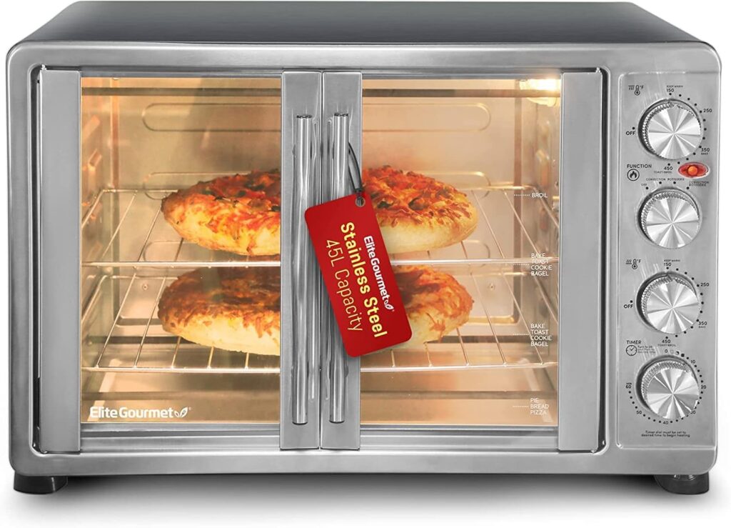 Elite Gourmet ETO4510MX French Door 47.5Qt, 18-Slice Convection Oven 4-Control Knobs, Bake Broil Toast Rotisserie Keep Warm, Includes x Pizza Racks, Stainless Steel Elite Gourmet ETO4510MX French Door 47.5Qt, 18-Slice Convection Oven 4-Control Knobs, Bake Broil Toast Rotisserie Keep Warm, Includes x Pizza Racks, Stainless Steel