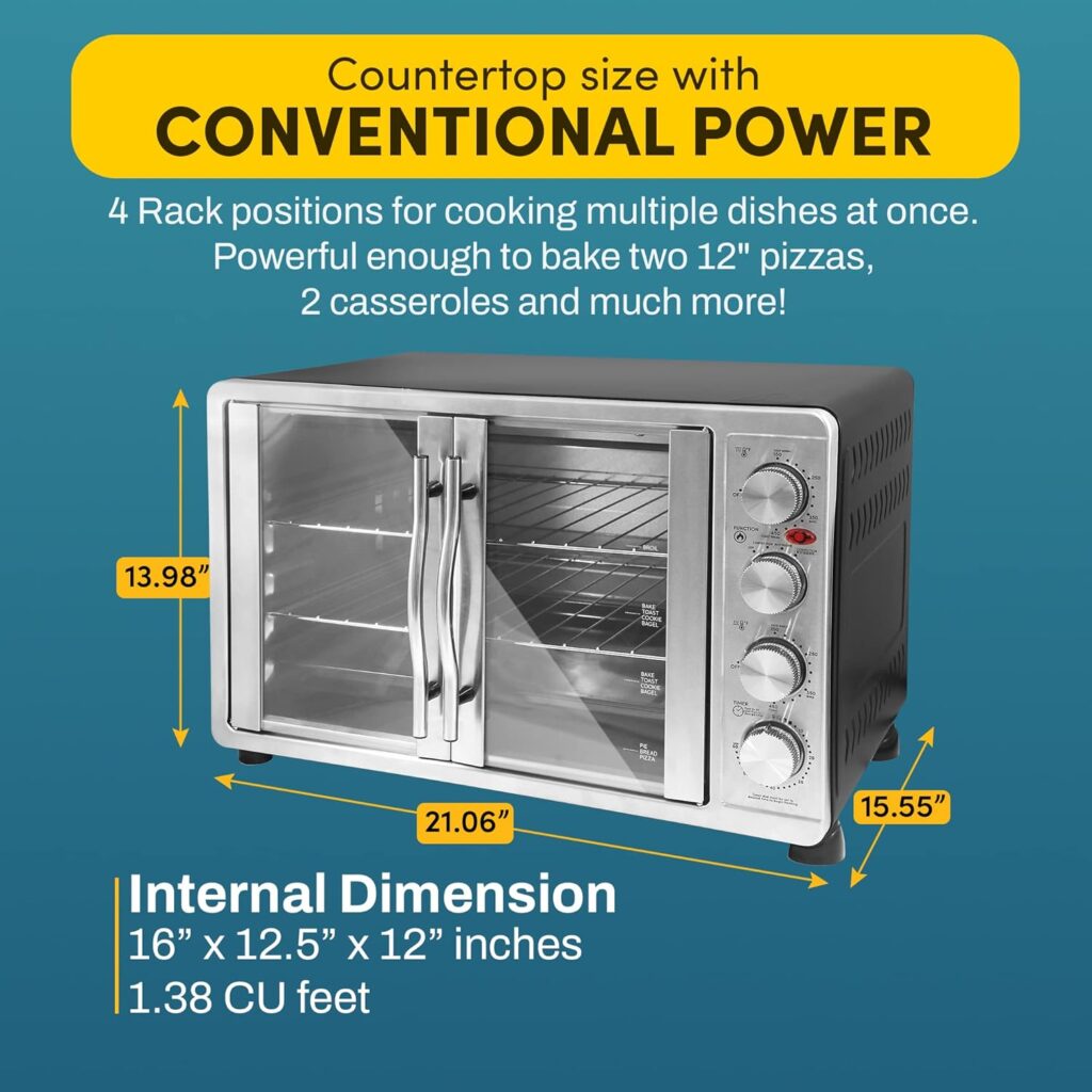 Elite Gourmet ETO4510MX French Door 47.5Qt, 18-Slice Convection Oven 4-Control Knobs, Bake Broil Toast Rotisserie Keep Warm, Includes x Pizza Racks, Stainless Steel Elite Gourmet ETO4510MX French Door 47.5Qt, 18-Slice Convection Oven 4-Control Knobs, Bake Broil Toast Rotisserie Keep Warm, Includes x Pizza Racks, Stainless Steel