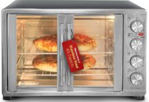 Elite Gourmet ETO4510MX French Door 47.5Qt, 18-Slice Convection Oven 4-Control Knobs, Bake Broil Toast Rotisserie Keep Warm, Includes 2 x 14″ Pizza Racks, Stainless Steel