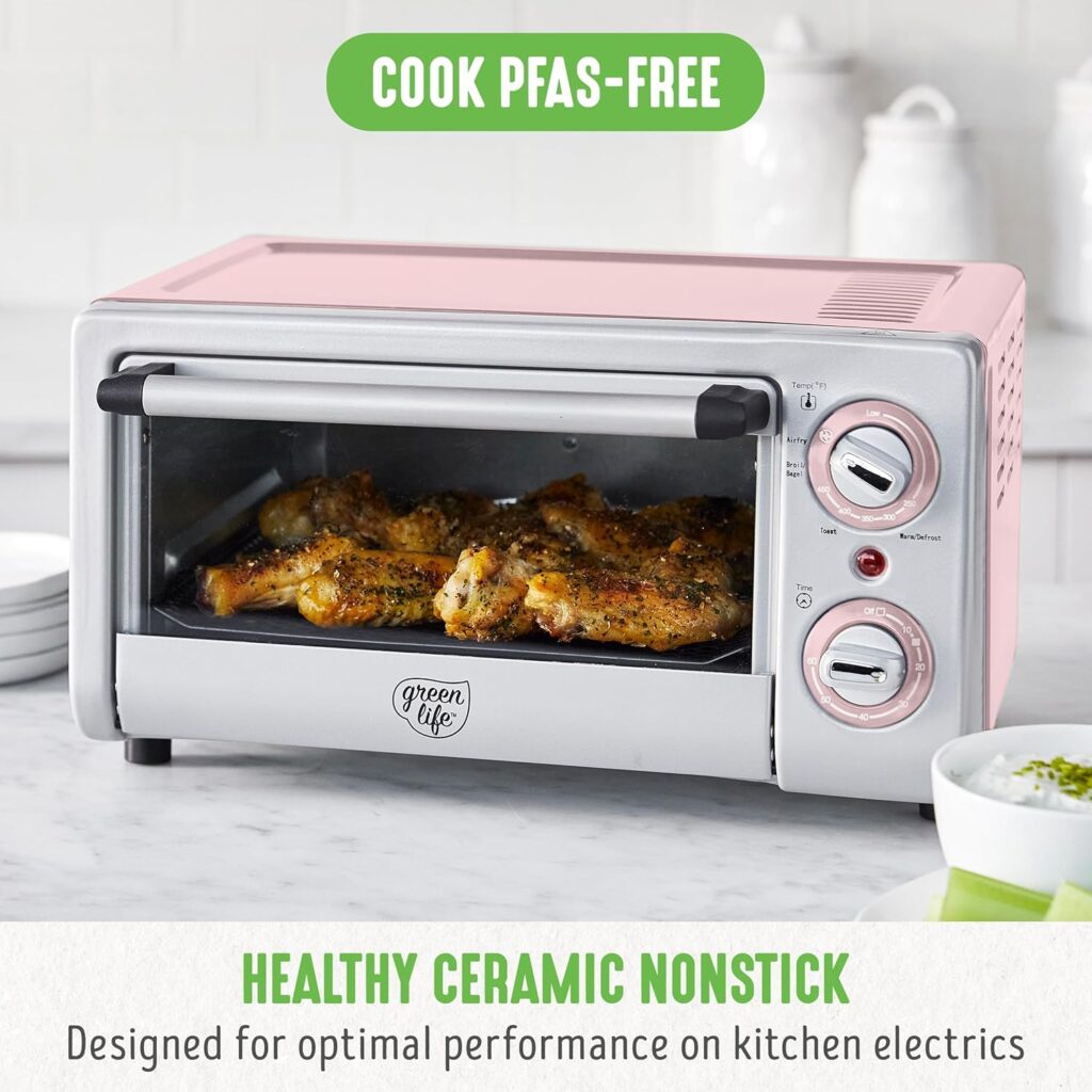 GreenLife Countertop Toaster Oven Air Fryer Stainless Steel, Healthy Ceramic Nonstick, PFAS Free, Tray Basket, Bake, Broil, Reheat, Adjustable Temp Time Control, Auto Shutoff, Pink GreenLife Countertop Toaster Oven Air Fryer Stainless Steel, Healthy Ceramic Nonstick, PFAS Free, Tray Basket, Bake, Broil, Reheat, Adjustable Temp Time Control, Auto Shutoff, Pink