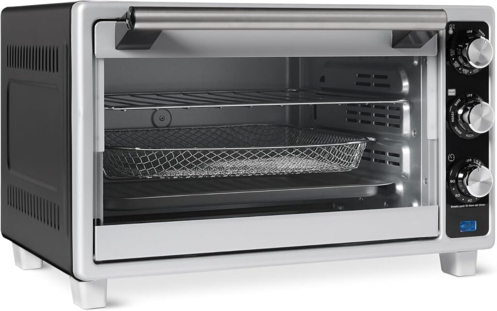 Amazon Basics 6-Slice 23-QT Toaster Oven with Built-In Air Fryer, 7-In-1 Cooking Options, 60-Min Timer Adjustable Temperature (200°F - 450°F), With Accessories, 1500W, Stainless Steel, Silver/Gray Amazon Basics 6-Slice 23-QT Toaster Oven with Built-In Air Fryer, 7-In-1 Cooking Options, 60-Min Timer Adjustable Temperature (200°F - 450°F), With Accessories, 1500W, Stainless Steel, Silver/Gray