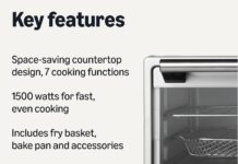Amazon Basics 6-Slice 23-QT Toaster Oven with Built-In Air Fryer, 7-In-1 Cooking Options, 60-Min Timer & Adjustable Temperature (200°F – 450°F), With Accessories, 1500W, Stainless Steel, Silver/Gray