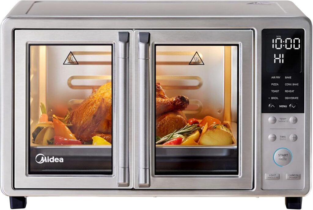 Midea Flexify Slim 8-in-1 French Door Toaster Oven Air Fryer Combo, Compact Countertop Oven with Infrared SpeedHeat, Quart Capacity, Stainless Steel Midea Flexify Slim 8-in-1 French Door Toaster Oven Air Fryer Combo, Compact Countertop Oven with Infrared SpeedHeat, Quart Capacity, Stainless Steel