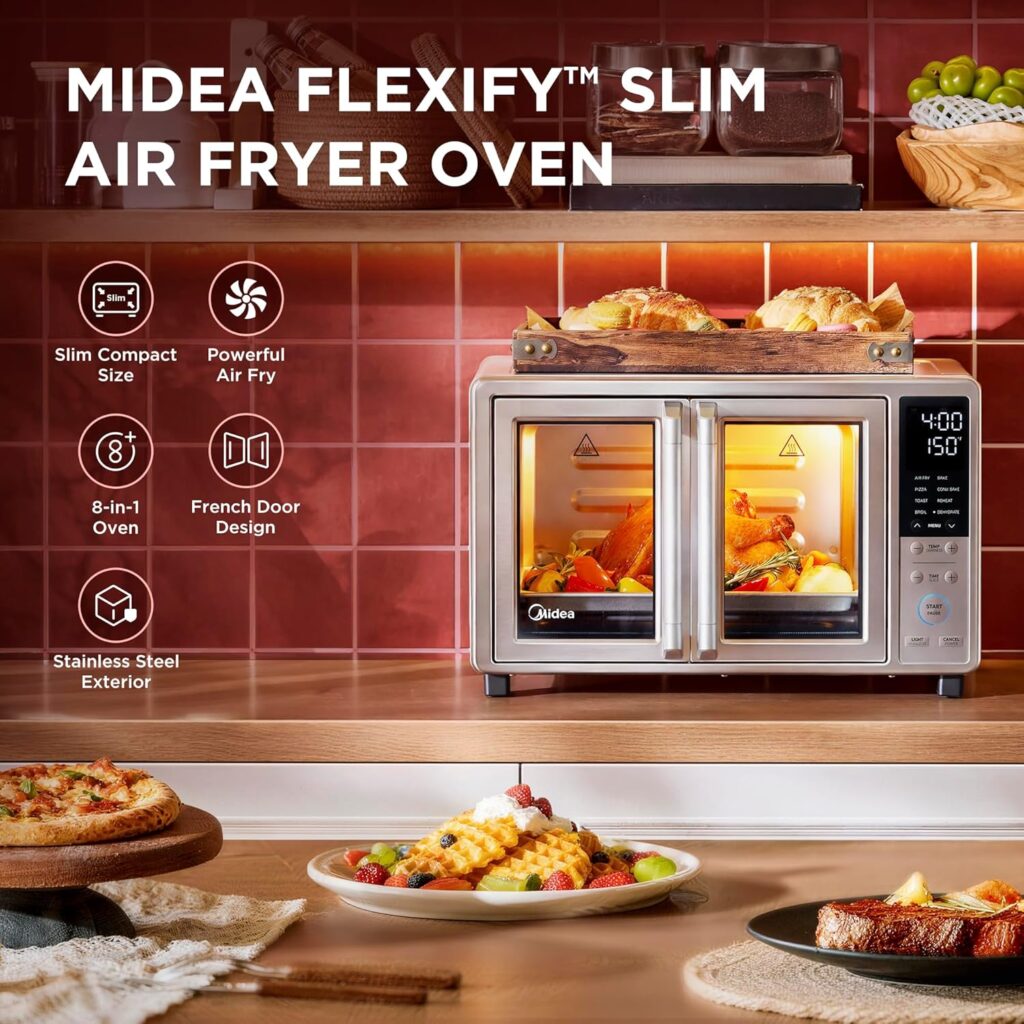 Midea Flexify Slim 8-in-1 French Door Toaster Oven Air Fryer Combo, Compact Countertop Oven with Infrared SpeedHeat, Quart Capacity, Stainless Steel Midea Flexify Slim 8-in-1 French Door Toaster Oven Air Fryer Combo, Compact Countertop Oven with Infrared SpeedHeat, Quart Capacity, Stainless Steel