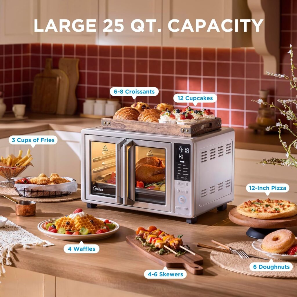 Midea Flexify Slim 8-in-1 French Door Toaster Oven Air Fryer Combo, Compact Countertop Oven with Infrared SpeedHeat, Quart Capacity, Stainless Steel Midea Flexify Slim 8-in-1 French Door Toaster Oven Air Fryer Combo, Compact Countertop Oven with Infrared SpeedHeat, Quart Capacity, Stainless Steel