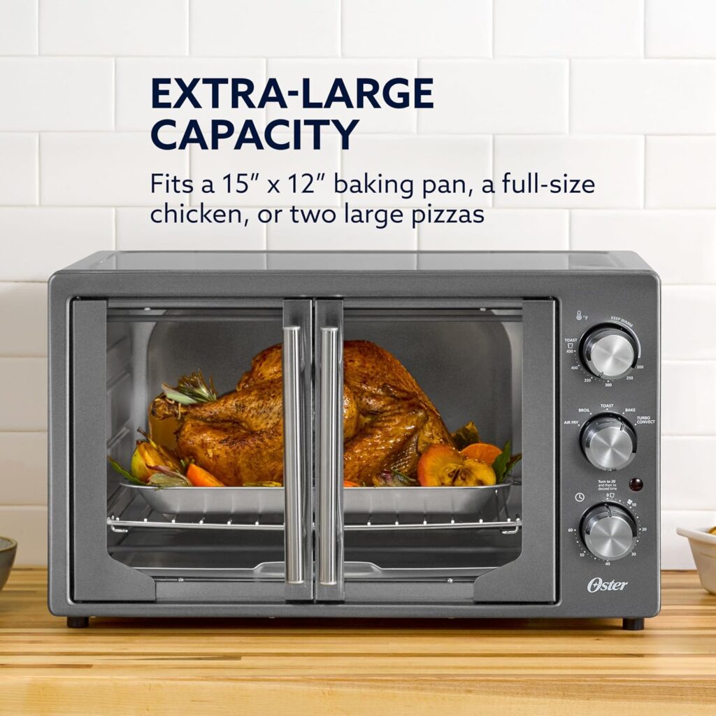 Oster Extra-Large 42L French Door Countertop Toaster Oven, 6-in-1 Air Fryer Oven with Air Fry Rack, Wire Rack, Baking Pan and Crumb Tray, Stainless Steel Oster Extra-Large 42L French Door Countertop Toaster Oven, 6-in-1 Air Fryer Oven with Air Fry Rack, Wire Rack, Baking Pan and Crumb Tray, Stainless Steel