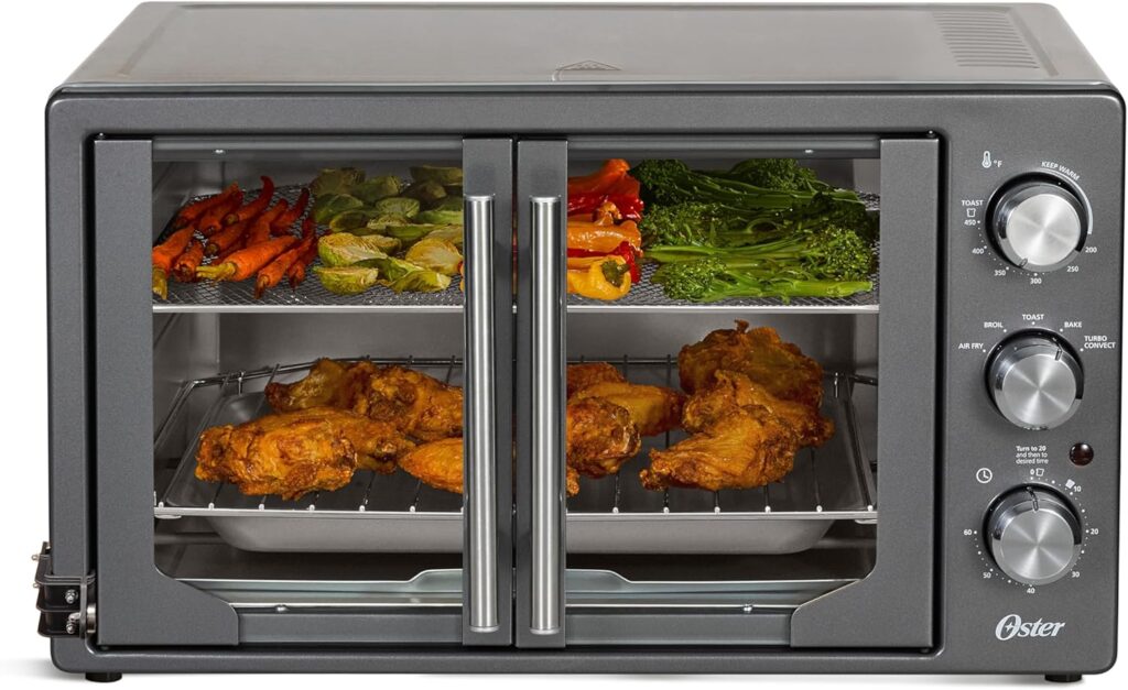 Oster Extra-Large 42L French Door Countertop Toaster Oven, 6-in-1 Air Fryer Oven with Air Fry Rack, Wire Rack, Baking Pan and Crumb Tray, Stainless Steel Oster Extra-Large 42L French Door Countertop Toaster Oven, 6-in-1 Air Fryer Oven with Air Fry Rack, Wire Rack, Baking Pan and Crumb Tray, Stainless Steel