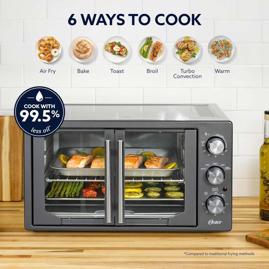 Oster Extra-Large 42L French Door Countertop Toaster Oven, 6-in-1 Air Fryer Oven with Air Fry Rack, Wire Rack, Baking Pan and Crumb Tray, Stainless Steel Oster Extra-Large 42L French Door Countertop Toaster Oven, 6-in-1 Air Fryer Oven with Air Fry Rack, Wire Rack, Baking Pan and Crumb Tray, Stainless Steel