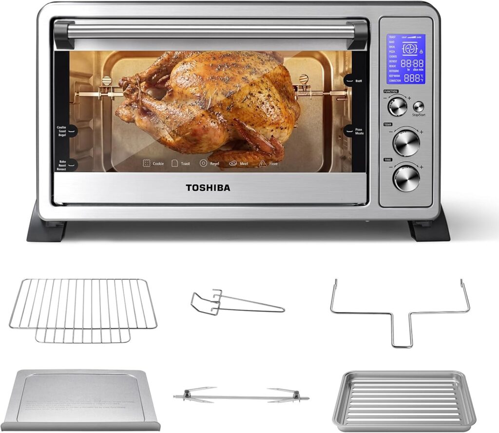 TOSHIBA 10-in-1 Convection Toaster Oven, 6-Slice Countertop Oven, 1500W with Toast, Bake, Broil, Rotisserie Pizza Functions, LCD Knob Controls, Accessories, Stainless Steel TOSHIBA 10-in-1 Convection Toaster Oven, 6-Slice Countertop Oven, 1500W with Toast, Bake, Broil, Rotisserie Pizza Functions, LCD Knob Controls, Accessories, Stainless Steel