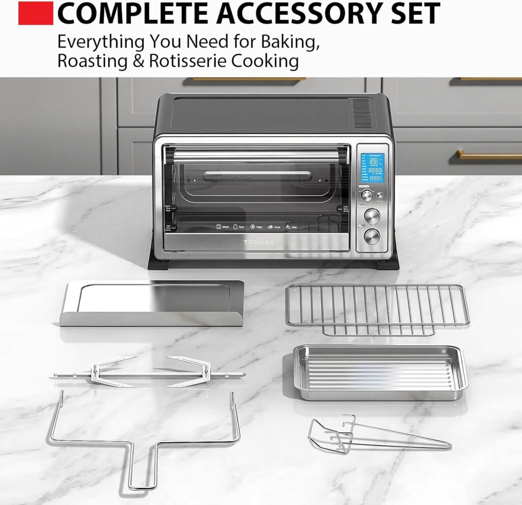 TOSHIBA 10-in-1 Convection Toaster Oven, 6-Slice Countertop Oven, 1500W with Toast, Bake, Broil, Rotisserie Pizza Functions, LCD Knob Controls, Accessories, Stainless Steel TOSHIBA 10-in-1 Convection Toaster Oven, 6-Slice Countertop Oven, 1500W with Toast, Bake, Broil, Rotisserie Pizza Functions, LCD Knob Controls, Accessories, Stainless Steel