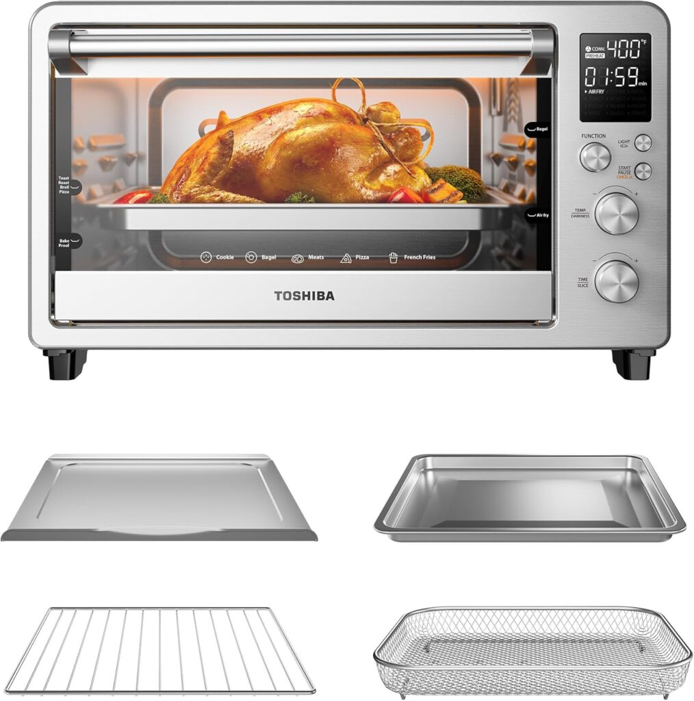 TOSHIBA 10-in-1 Convection Toaster Oven, 6-Slice Countertop Oven, 1500W with Toast, Bake, Broil, Rotisserie Pizza Functions, LCD Knob Controls, Accessories, Stainless Steel TOSHIBA 10-in-1 Convection Toaster Oven, 6-Slice Countertop Oven, 1500W with Toast, Bake, Broil, Rotisserie Pizza Functions, LCD Knob Controls, Accessories, Stainless Steel