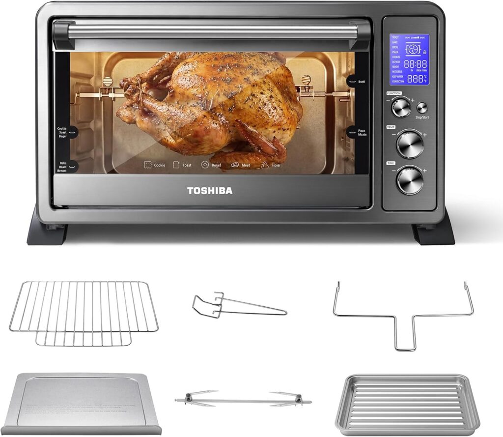 TOSHIBA 10-in-1 Convection Toaster Oven, 6-Slice Countertop Oven, 1500W with Toast, Bake, Broil, Rotisserie Pizza Functions, LCD Knob Controls, Accessories, Stainless Steel TOSHIBA 10-in-1 Convection Toaster Oven, 6-Slice Countertop Oven, 1500W with Toast, Bake, Broil, Rotisserie Pizza Functions, LCD Knob Controls, Accessories, Stainless Steel