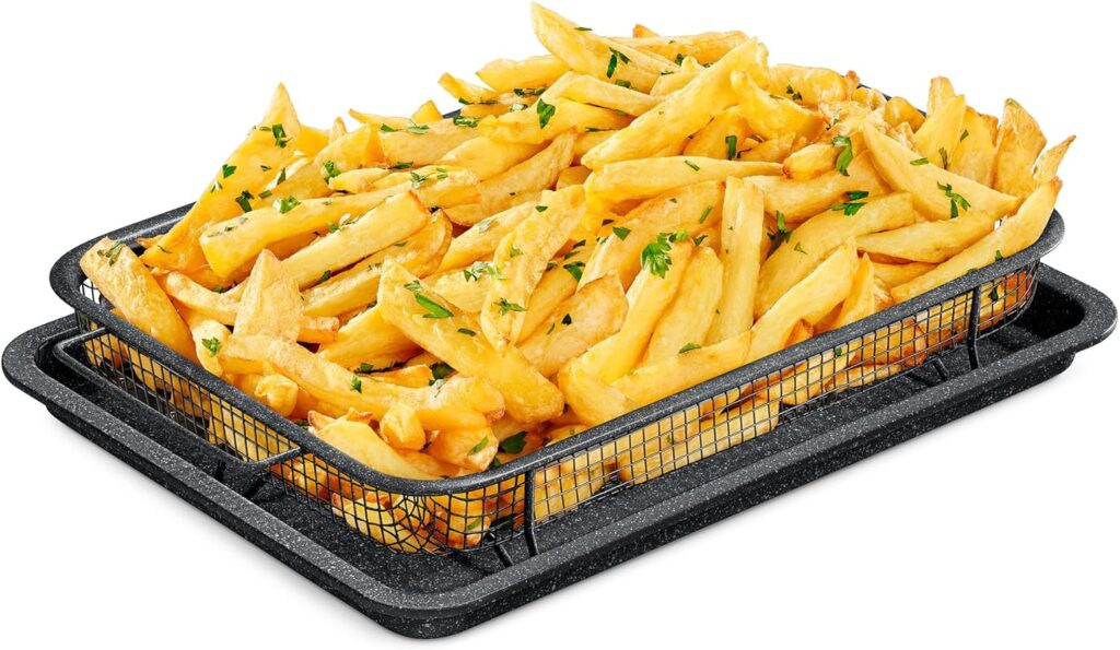 Bakken- Swiss Crisper Tray - 2-Piece Set – Gray Marble, Non-Stick Basket Design for Healthier Cooking in Regular Ovens - Achieve Perfectly Crispy Chips, Bacon and More Bakken- Swiss Crisper Tray - 2-Piece Set – Gray Marble, Non-Stick Basket Design for Healthier Cooking in Regular Ovens - Achieve Perfectly Crispy Chips, Bacon and More