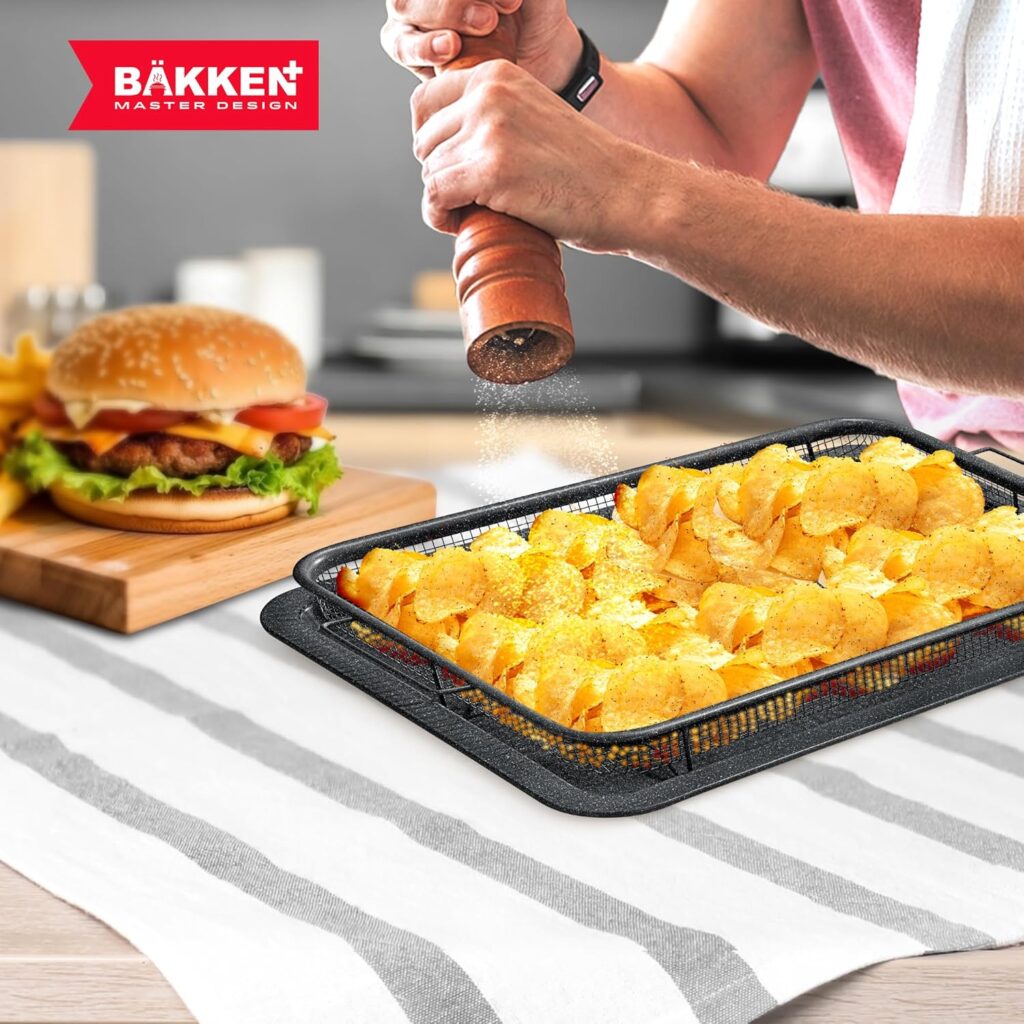 Bakken- Swiss Crisper Tray - 2-Piece Set – Gray Marble, Non-Stick Basket Design for Healthier Cooking in Regular Ovens - Achieve Perfectly Crispy Chips, Bacon and More Bakken- Swiss Crisper Tray - 2-Piece Set – Gray Marble, Non-Stick Basket Design for Healthier Cooking in Regular Ovens - Achieve Perfectly Crispy Chips, Bacon and More