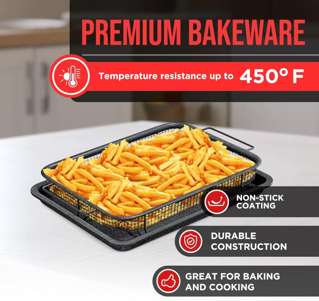Bakken- Swiss Crisper Tray - 2-Piece Set – Gray Marble, Non-Stick Basket Design for Healthier Cooking in Regular Ovens - Achieve Perfectly Crispy Chips, Bacon and More Bakken- Swiss Crisper Tray - 2-Piece Set – Gray Marble, Non-Stick Basket Design for Healthier Cooking in Regular Ovens - Achieve Perfectly Crispy Chips, Bacon and More