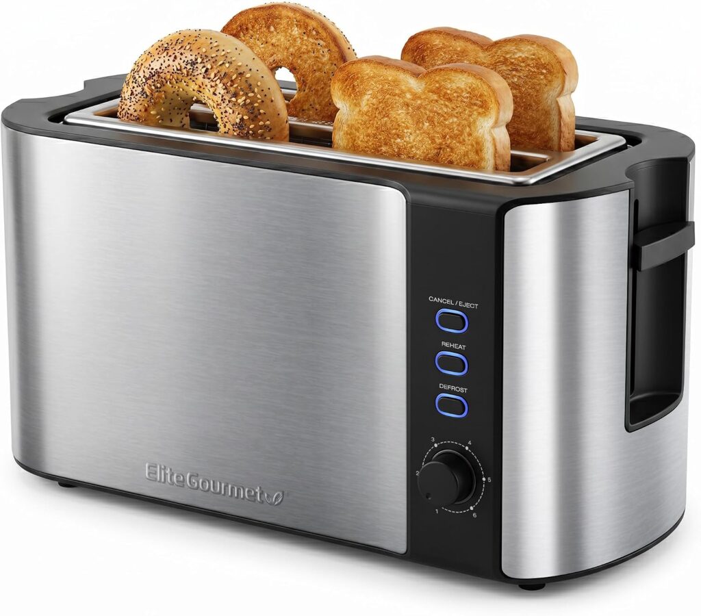 Elite Gourmet ECT-3100 4-Slice Long Slot Toaster | Extra Wide Slots for Bagels, Sourdough Texas Toast | Browning Settings | Reheat, Defrost Cancel | Built-In Warming Rack | Stainless Steel Elite Gourmet ECT-3100 4-Slice Long Slot Toaster | Extra Wide Slots for Bagels, Sourdough Texas Toast | Browning Settings | Reheat, Defrost Cancel | Built-In Warming Rack | Stainless Steel