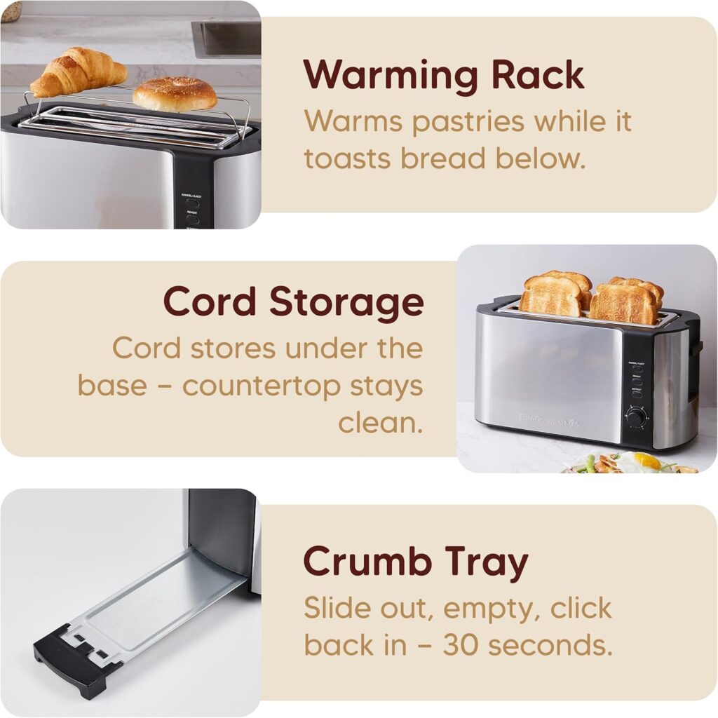 Elite Gourmet ECT-3100 4-Slice Long Slot Toaster | Extra Wide Slots for Bagels, Sourdough Texas Toast | Browning Settings | Reheat, Defrost Cancel | Built-In Warming Rack | Stainless Steel Elite Gourmet ECT-3100 4-Slice Long Slot Toaster | Extra Wide Slots for Bagels, Sourdough Texas Toast | Browning Settings | Reheat, Defrost Cancel | Built-In Warming Rack | Stainless Steel