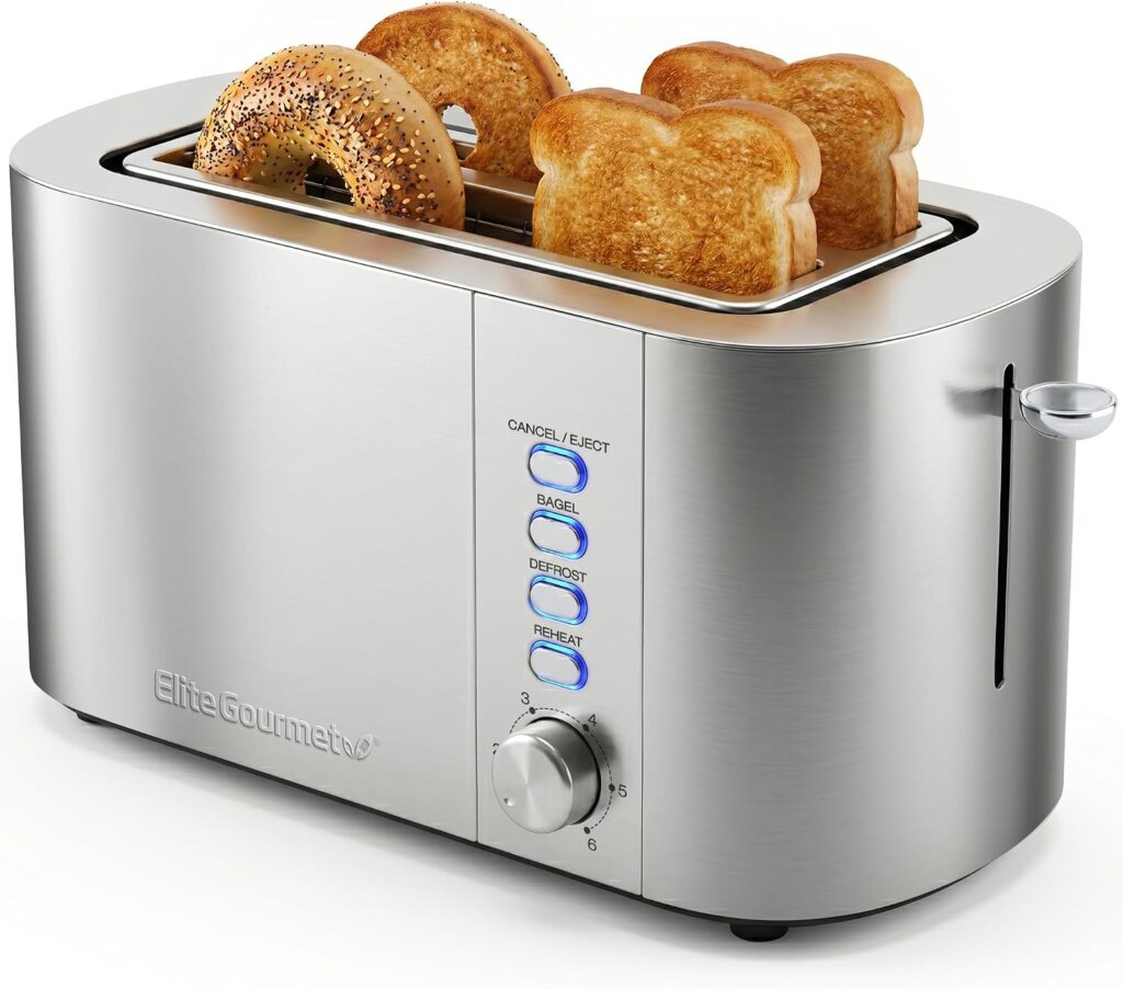 Elite Gourmet ECT-3100 4-Slice Long Slot Toaster | Extra Wide Slots for Bagels, Sourdough Texas Toast | Browning Settings | Reheat, Defrost Cancel | Built-In Warming Rack | Stainless Steel Elite Gourmet ECT-3100 4-Slice Long Slot Toaster | Extra Wide Slots for Bagels, Sourdough Texas Toast | Browning Settings | Reheat, Defrost Cancel | Built-In Warming Rack | Stainless Steel