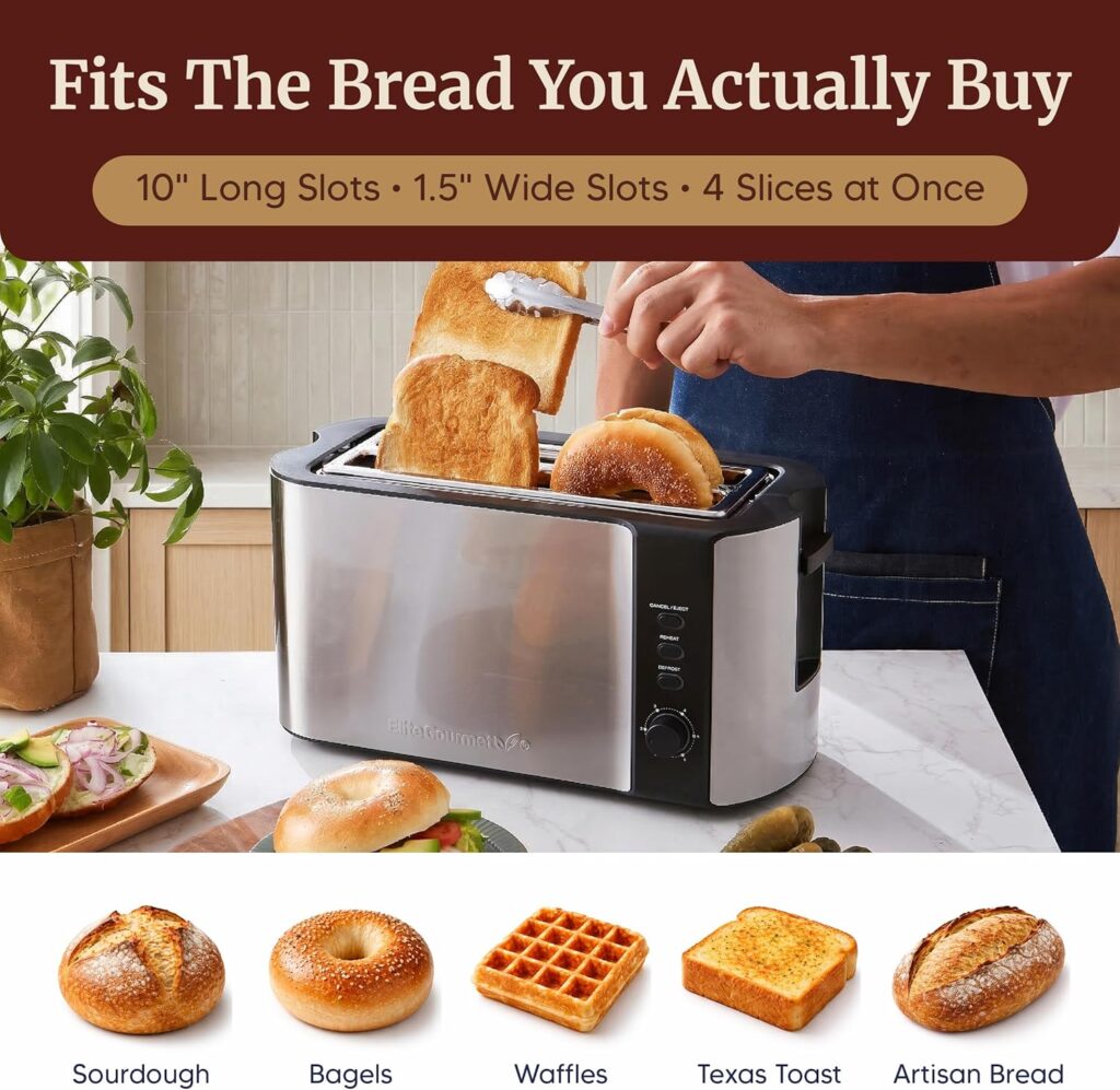 Elite Gourmet ECT-3100 4-Slice Long Slot Toaster | Extra Wide Slots for Bagels, Sourdough Texas Toast | Browning Settings | Reheat, Defrost Cancel | Built-In Warming Rack | Stainless Steel Elite Gourmet ECT-3100 4-Slice Long Slot Toaster | Extra Wide Slots for Bagels, Sourdough Texas Toast | Browning Settings | Reheat, Defrost Cancel | Built-In Warming Rack | Stainless Steel